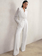 Sheer-Sleeve Wide-Leg Tuxedo Jumpsuit in Ivory