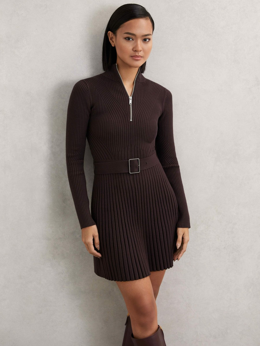 Rib-Knit Belted Half-Zip Flippy Dress in Plum Purple