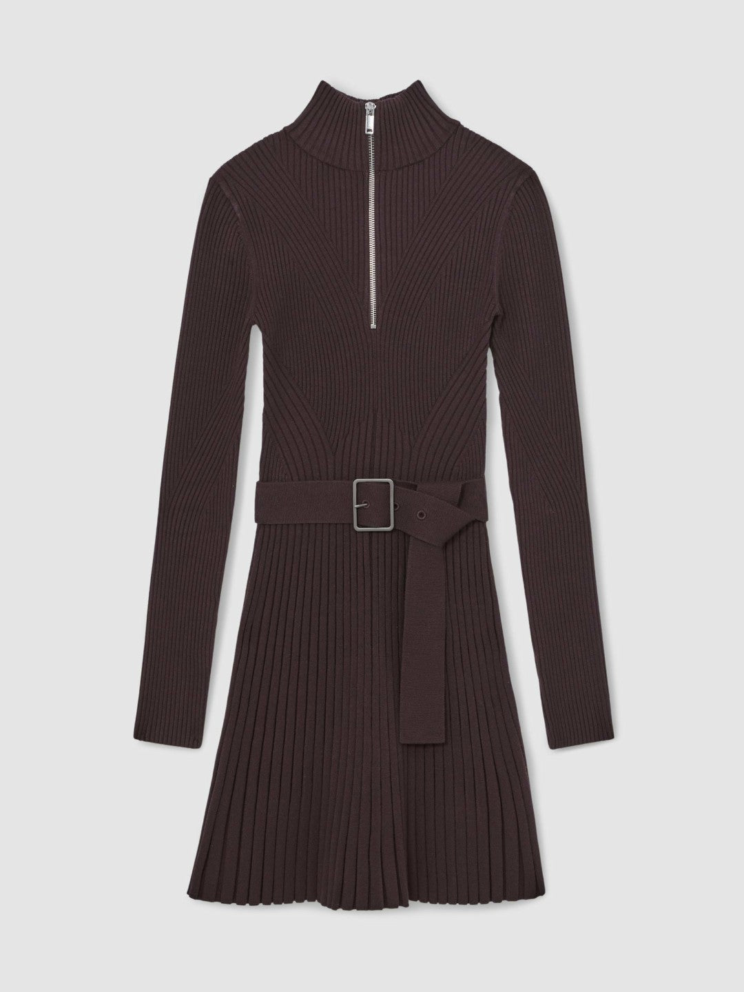 Rib-Knit Belted Half-Zip Flippy Dress in Plum Purple