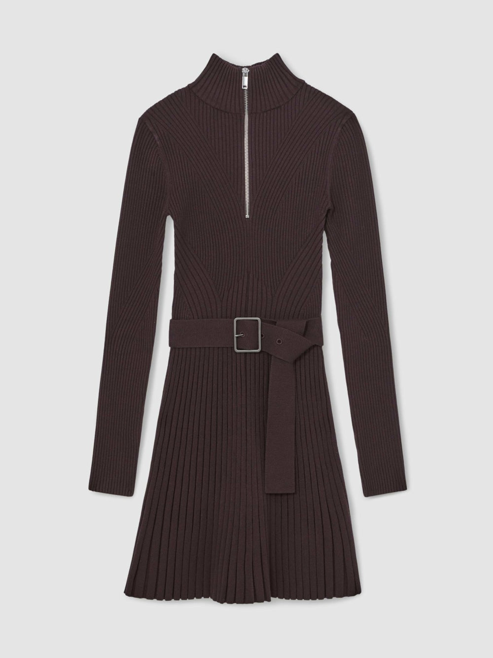 Rib-Knit Belted Half-Zip Flippy Dress in Plum Purple