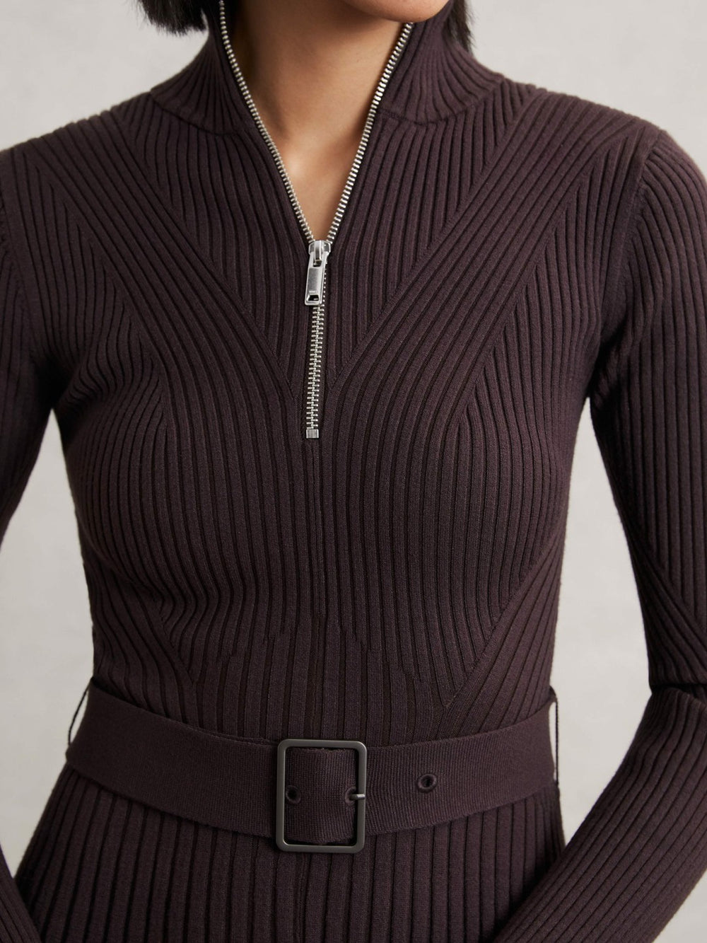 Rib-Knit Belted Half-Zip Flippy Dress in Plum Purple