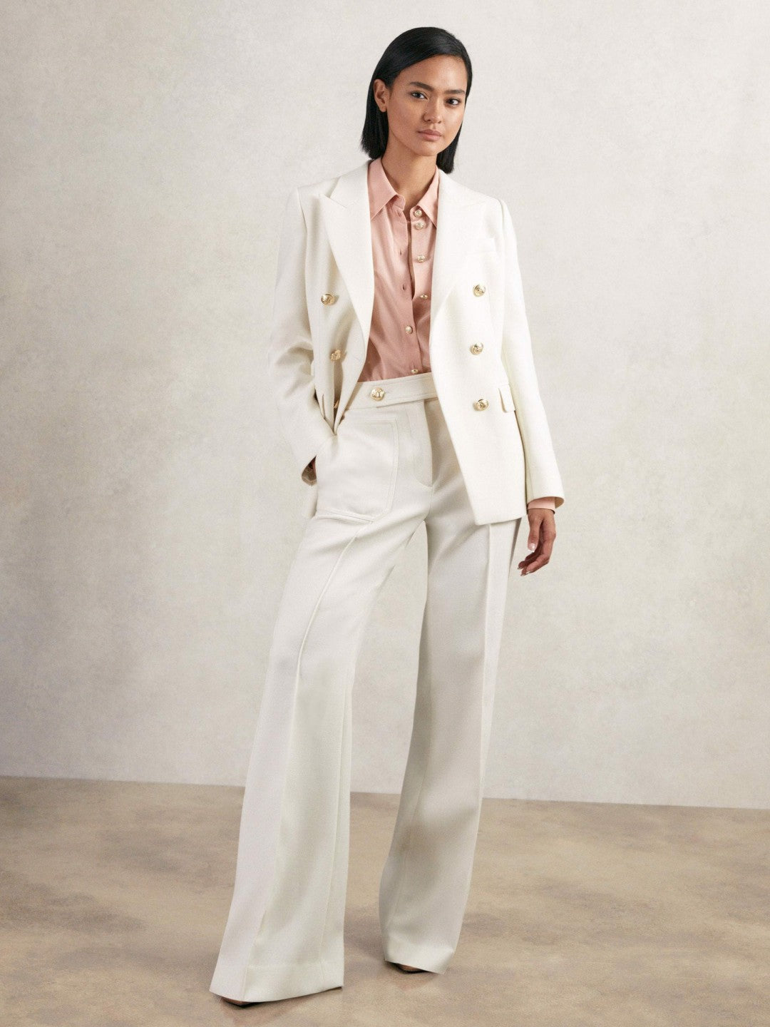 Double-Breasted Twill Suit Blazer With Wool in White