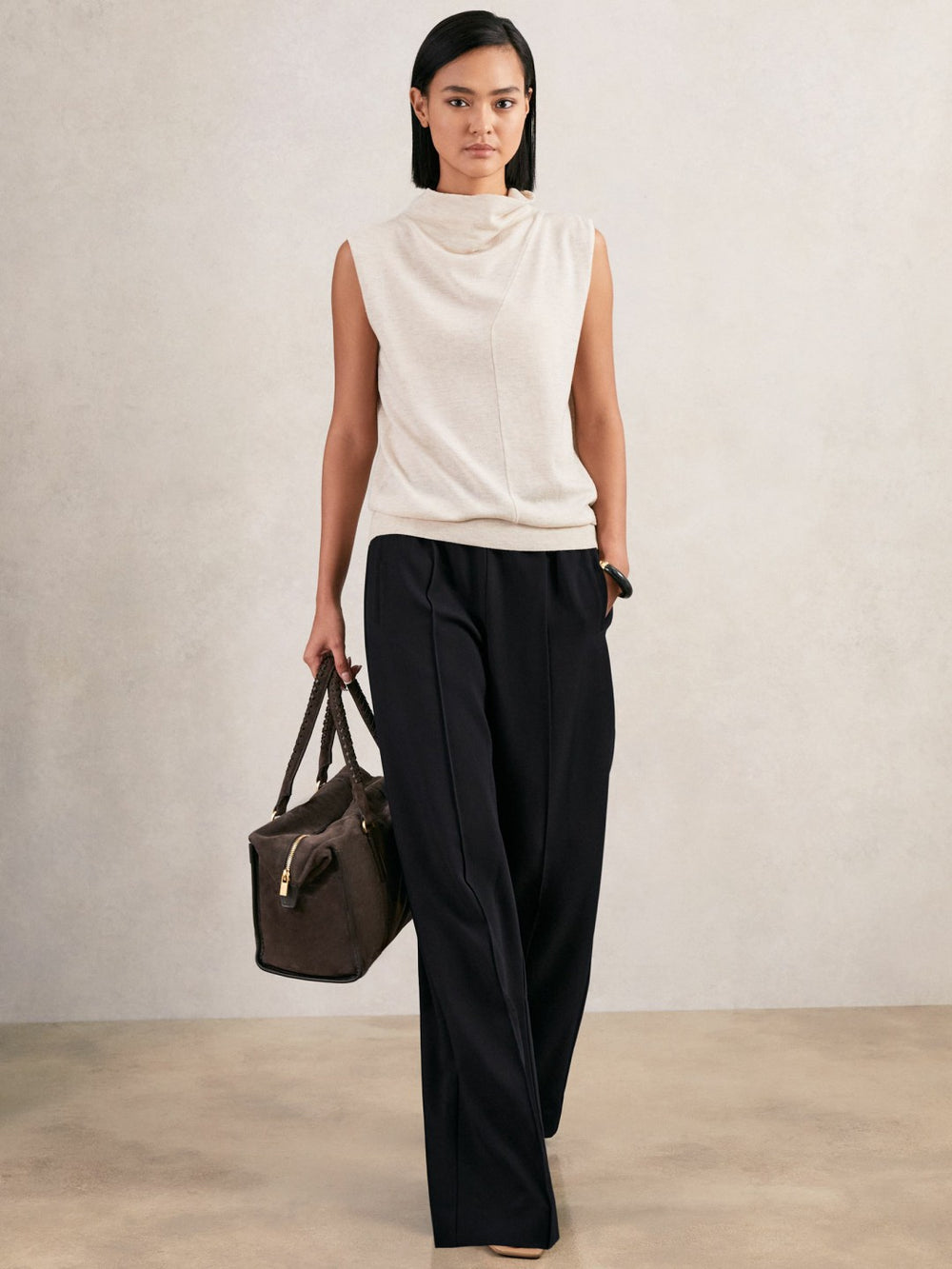Wide Leg Elasticated Waist Trousers in Navy