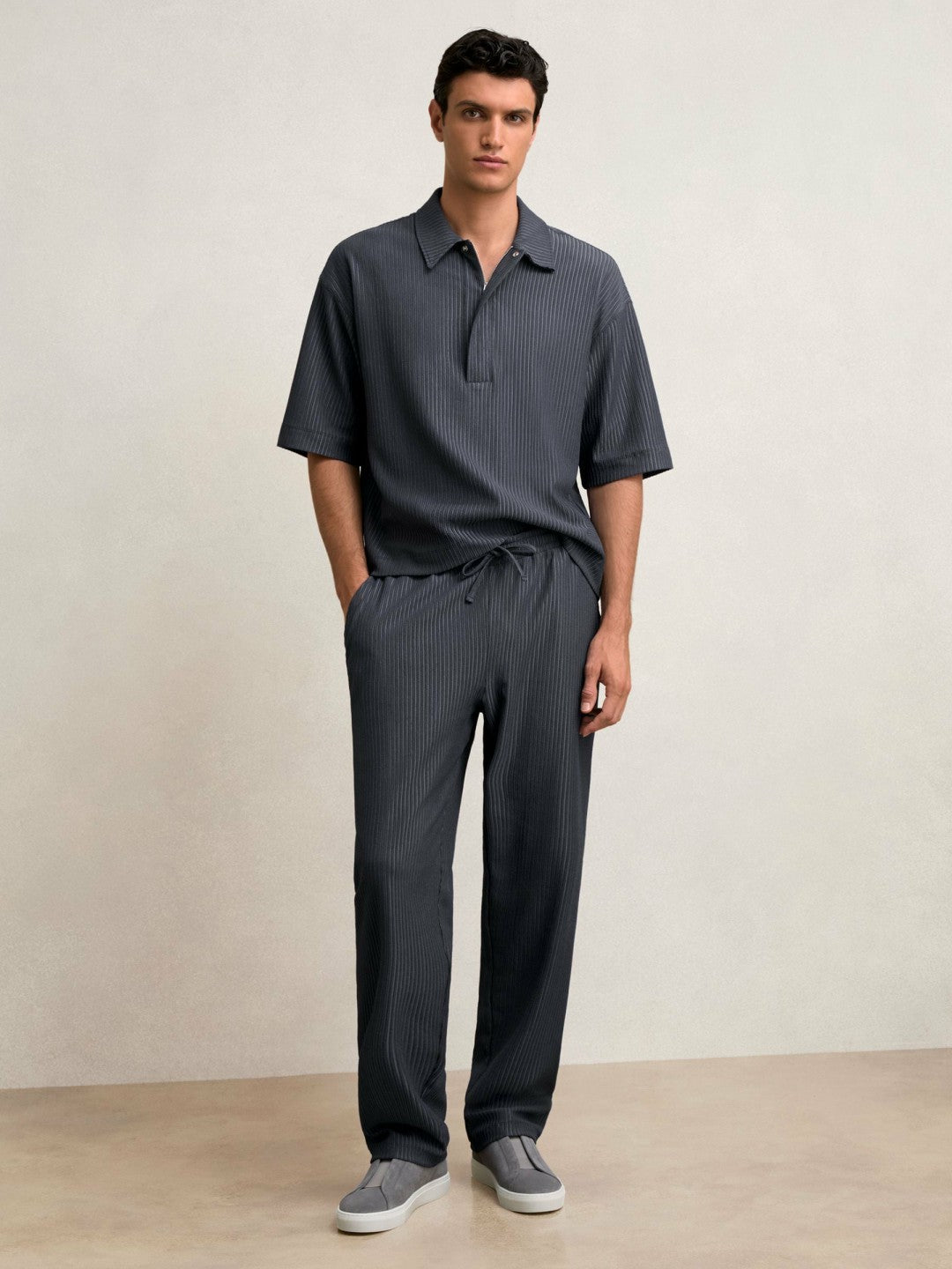 Textured Stripe Drawstring Trousers in Petrol Blue