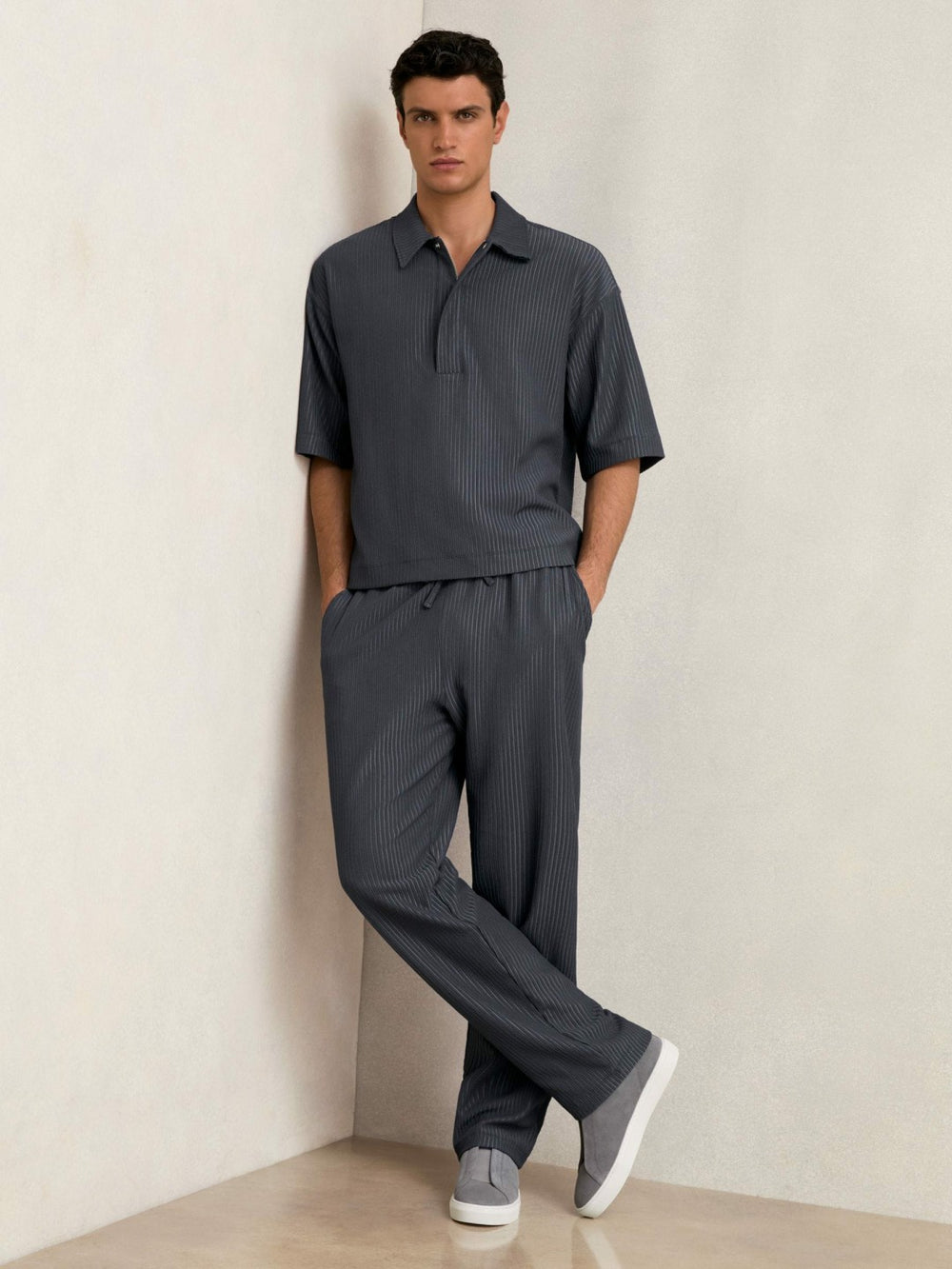 Oversized Textured Stripe Polo Shirt in Petrol Blue