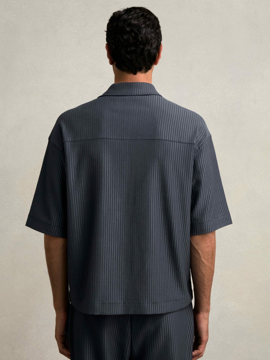 Oversized Textured Stripe Polo Shirt in Petrol Blue