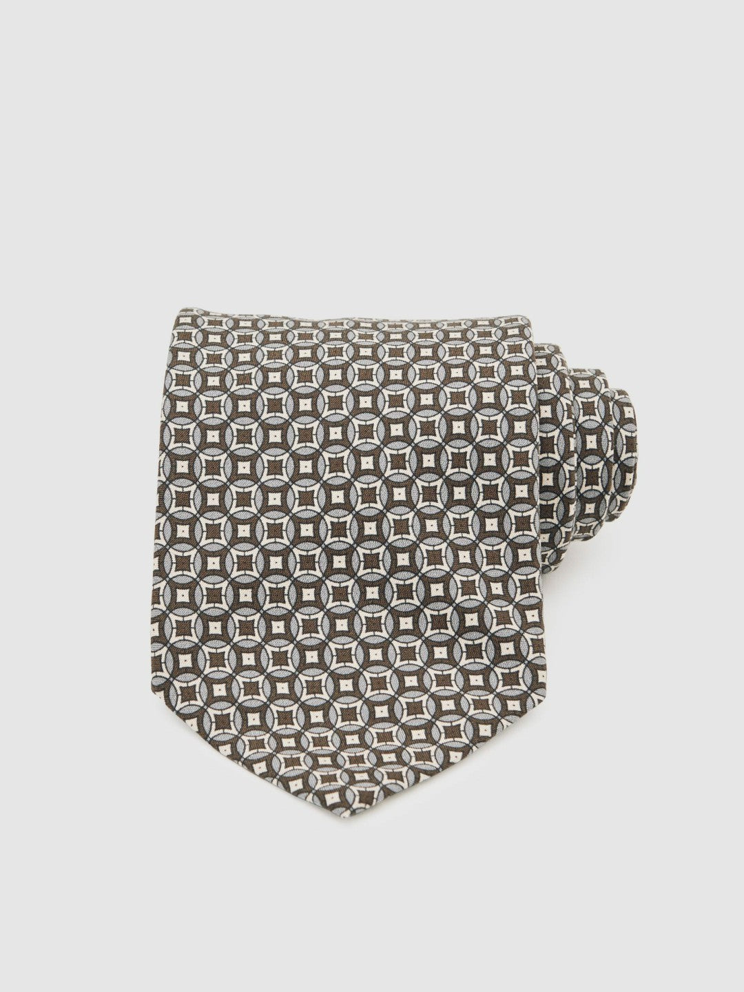 Silk Geometric-Print Tie in Chocolate Brown Multi