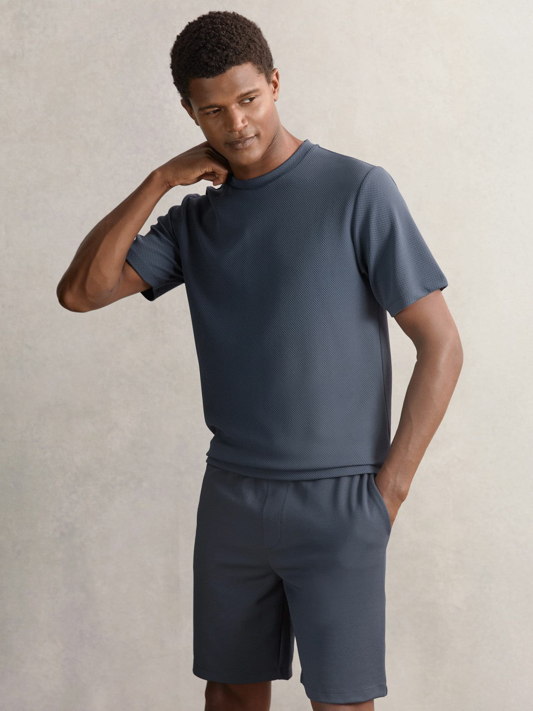Textured Crew-Neck T-Shirt in Airforce Blue
