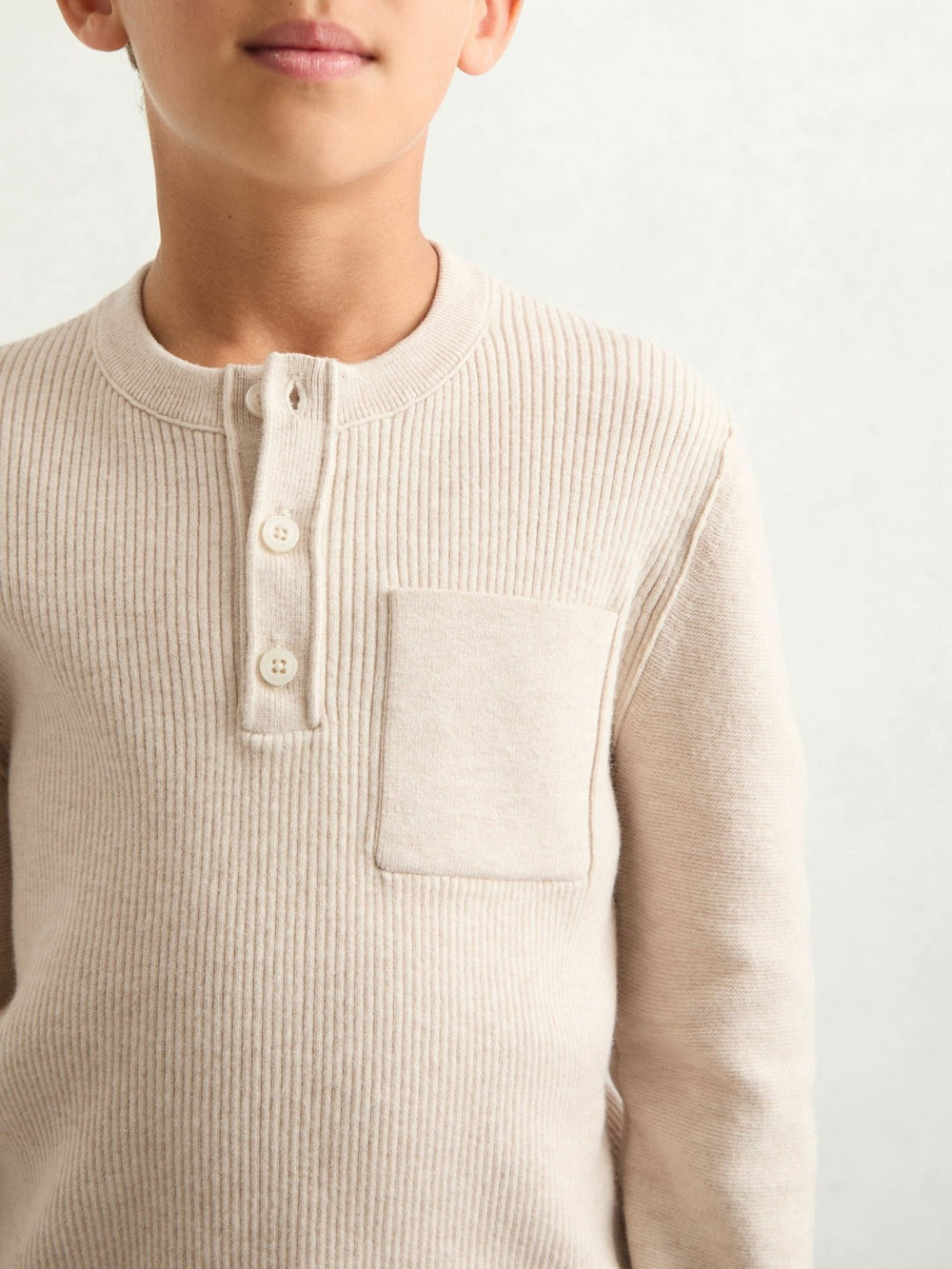 9-13 yrs Cotton-Blend Rib-Knit Henley Top in Oatmeal Melange
