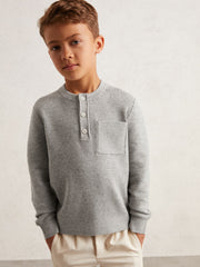 9-13 yrs Cotton-Blend Rib-Knit Henley Top in Mid Grey Melange