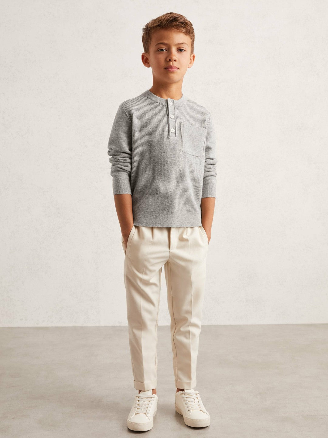 9-13 yrs Cotton-Blend Rib-Knit Henley Top in Mid Grey Melange