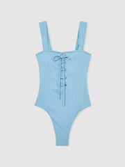Ribbed Lace-Up Swimsuit in Blue