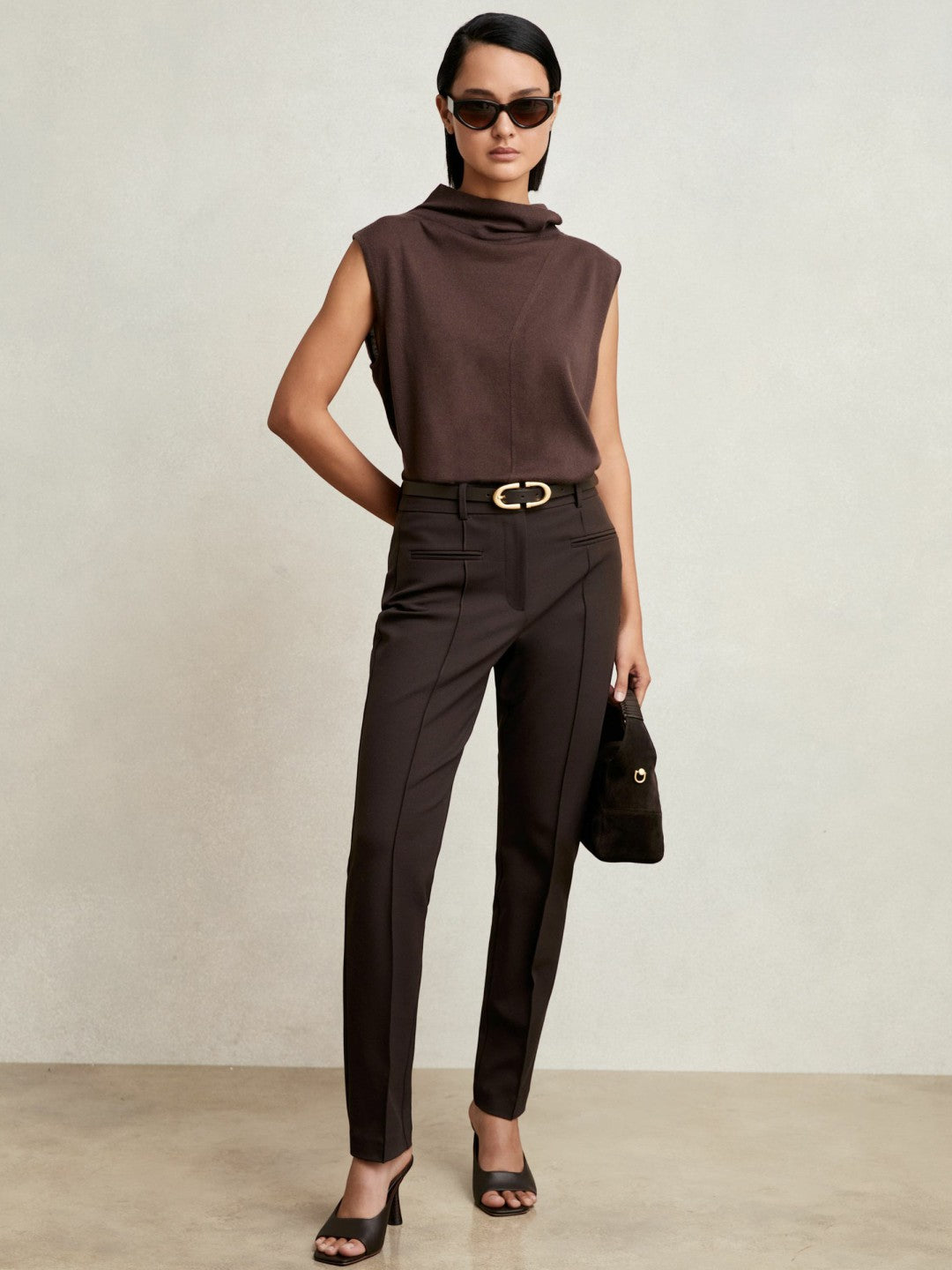 Petite Pintuck Tapered Trousers in Chocolate Brown