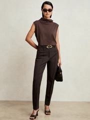 Petite Pintuck Tapered Trousers in Chocolate Brown