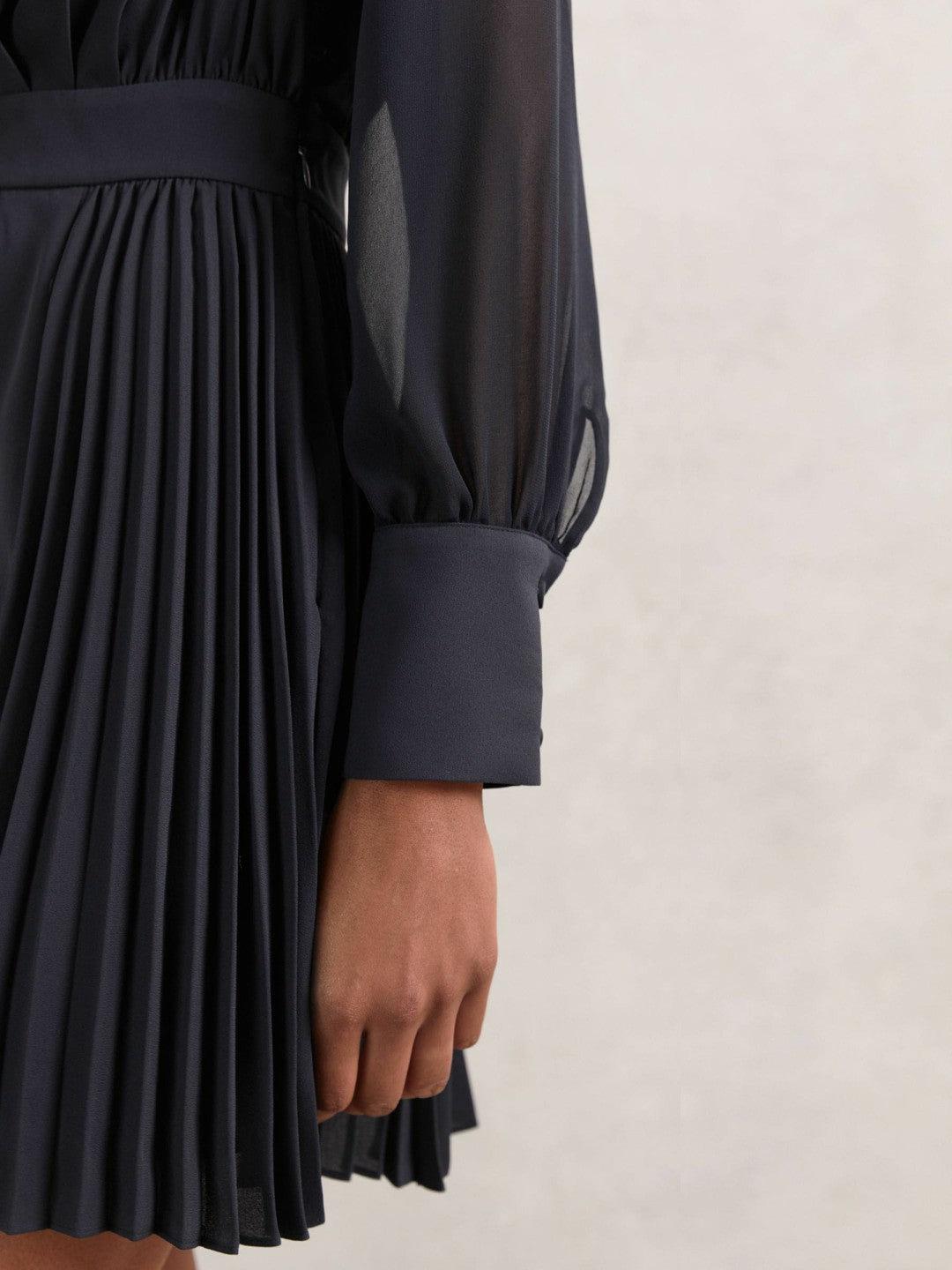 Pleated Sheer-Sleeve Mini Dress in Navy