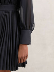 Pleated Sheer-Sleeve Mini Dress in Navy