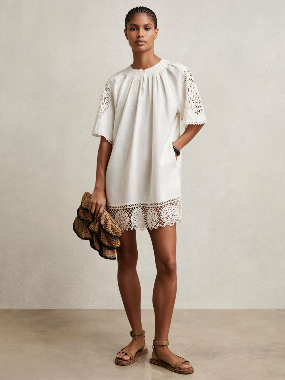 Linen Embroidered Shift Dress in Ivory