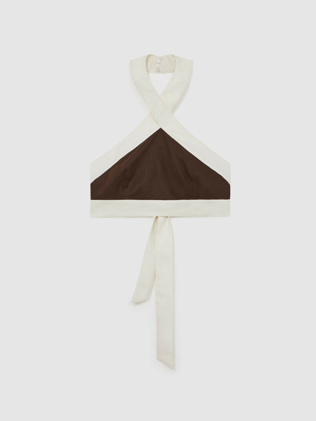 Linen Halterneck Cropped Top in Chocolate/Cream