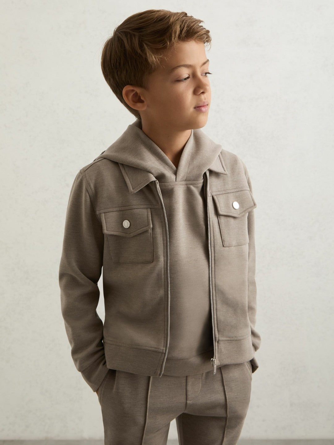 13-14 yrs Interlock Zip-Through Overshirt in Taupe Brown