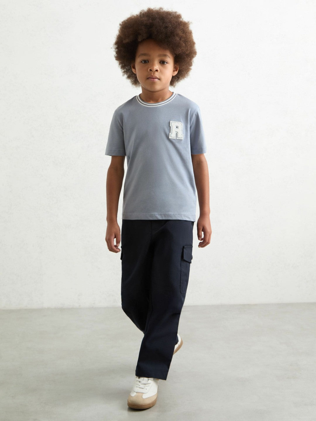 13-14 yrs Cotton Letter Patch T-Shirt in Airforce Blue