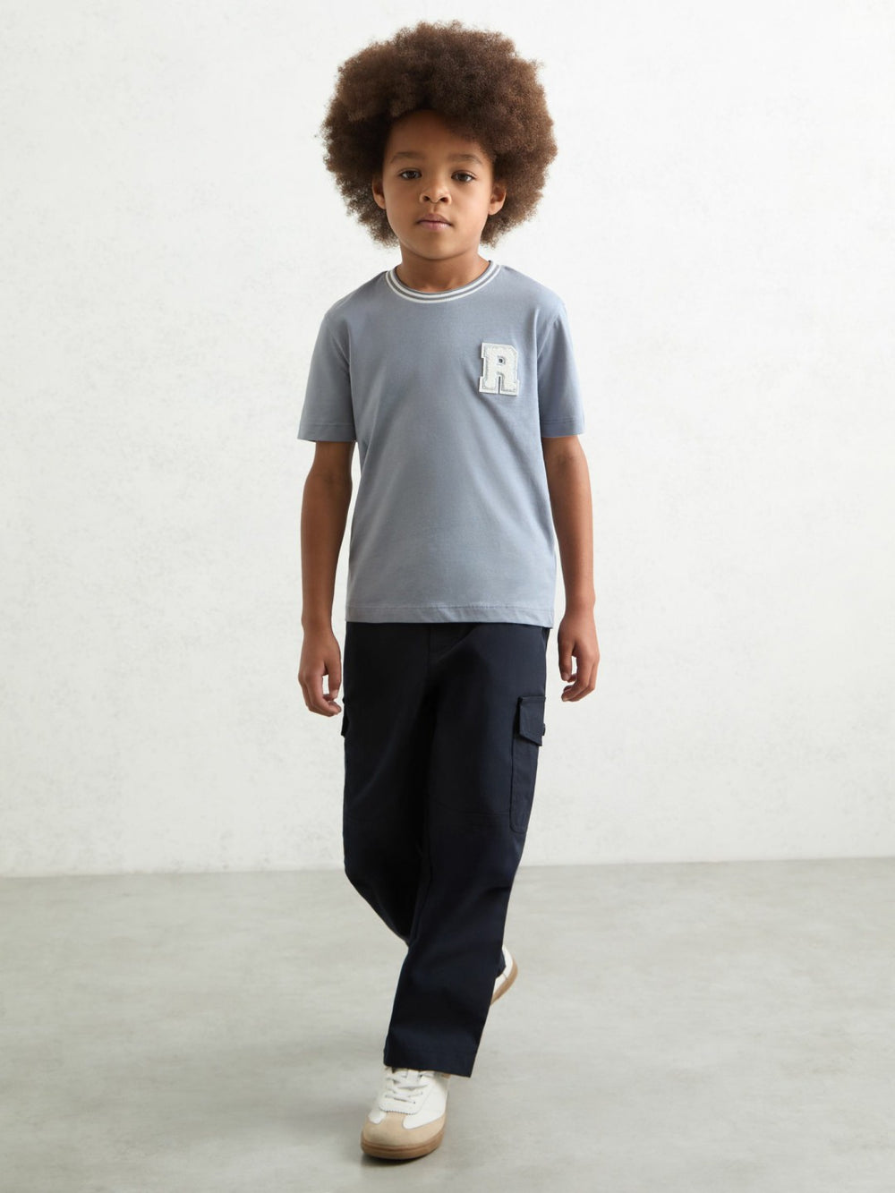 13-14 yrs Cotton Letter Patch T-Shirt in Airforce Blue