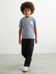 13-14 yrs Cotton Letter Patch T-Shirt in Airforce Blue