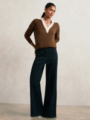 Wool Collared Cricket Jumper in Chocolate Brown/Ivory