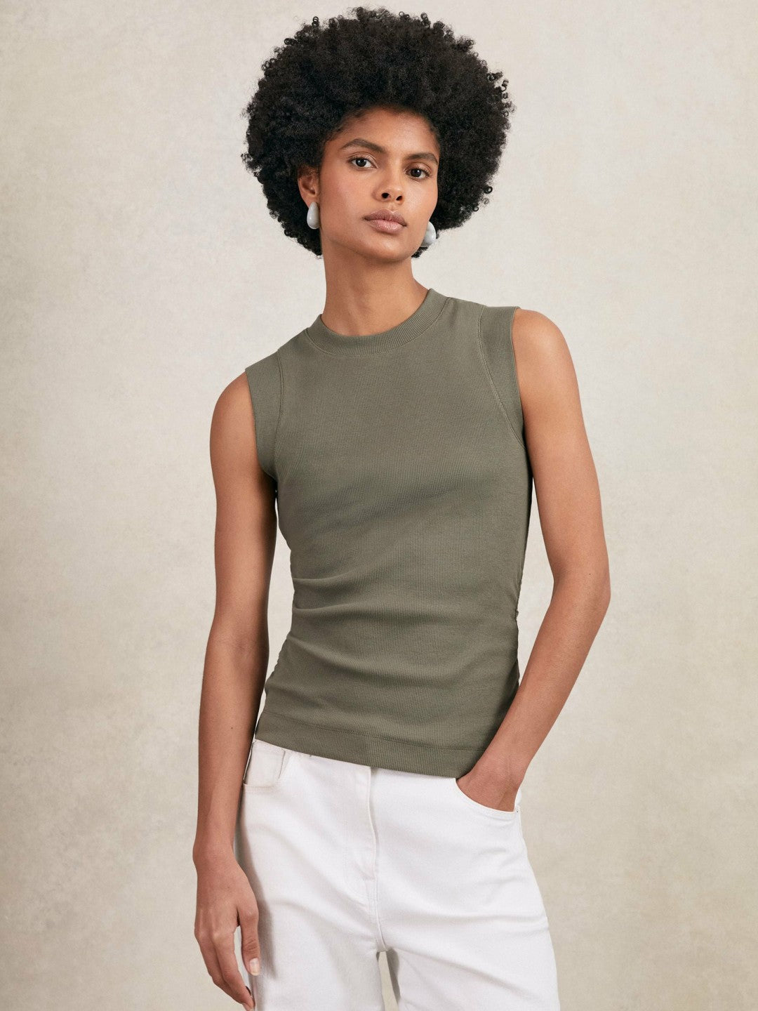 Ribbed Ruched Waist Vest in Khaki Green