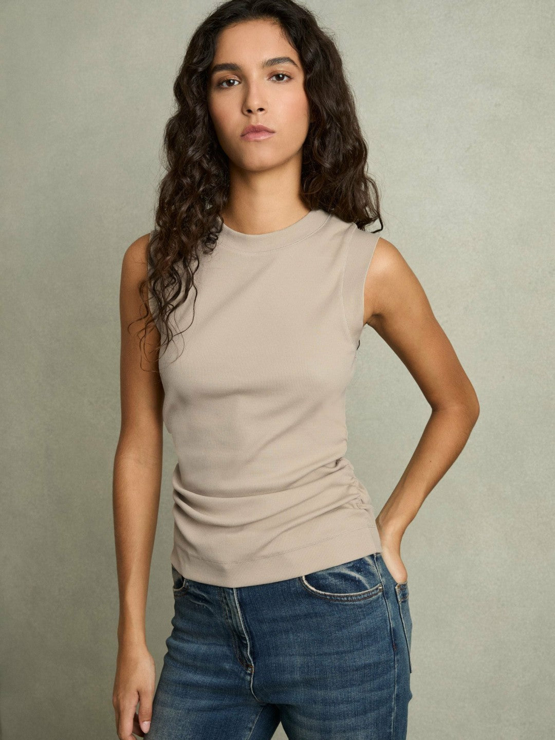 Ribbed Ruched Waist Vest in Camel