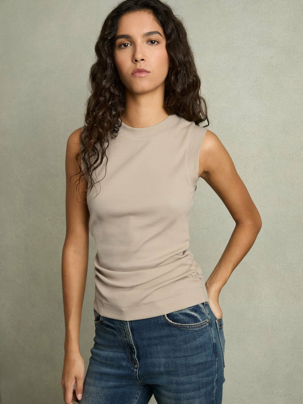Ribbed Ruched Waist Vest in Camel