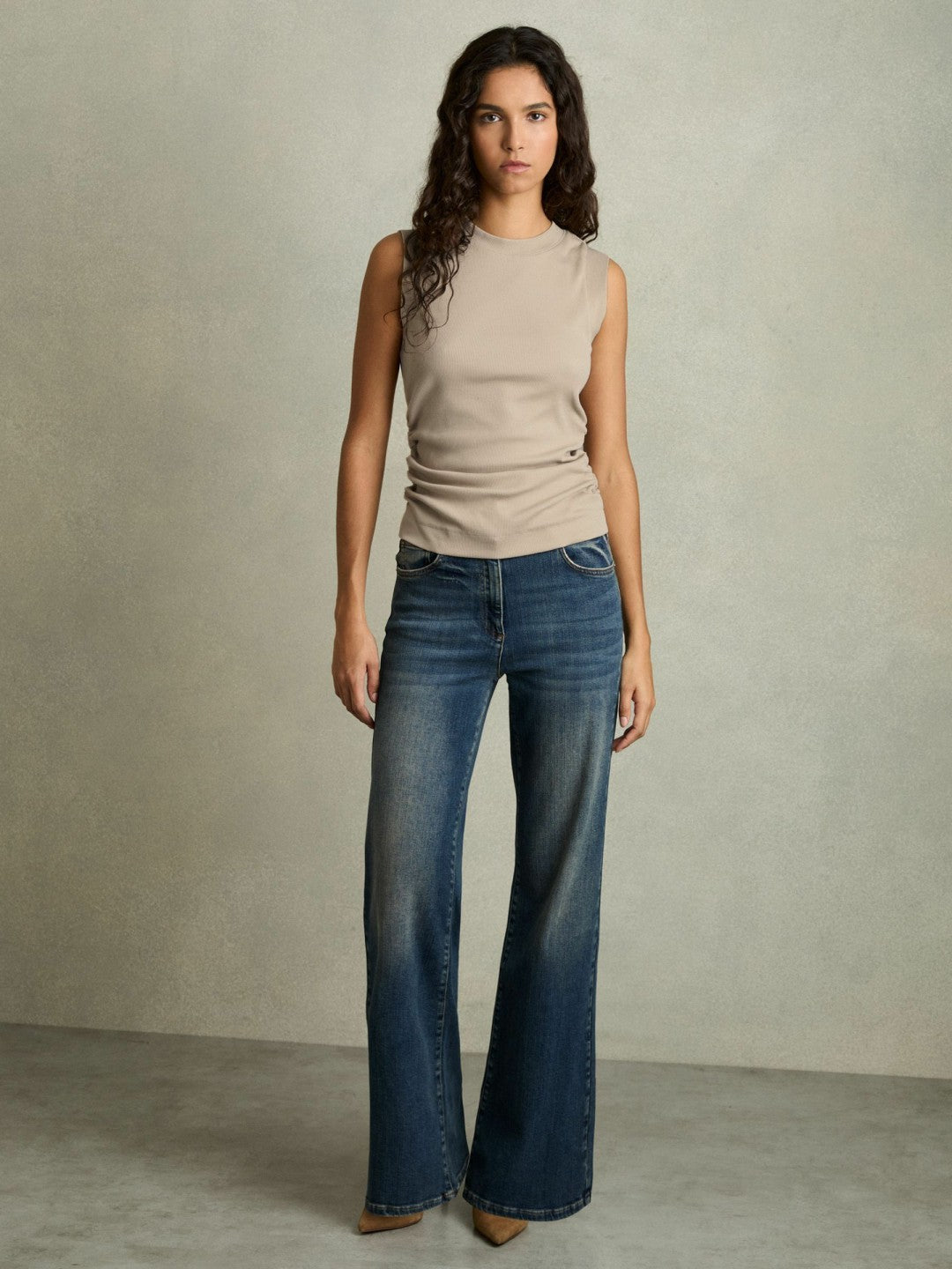 Ribbed Ruched Waist Vest in Camel