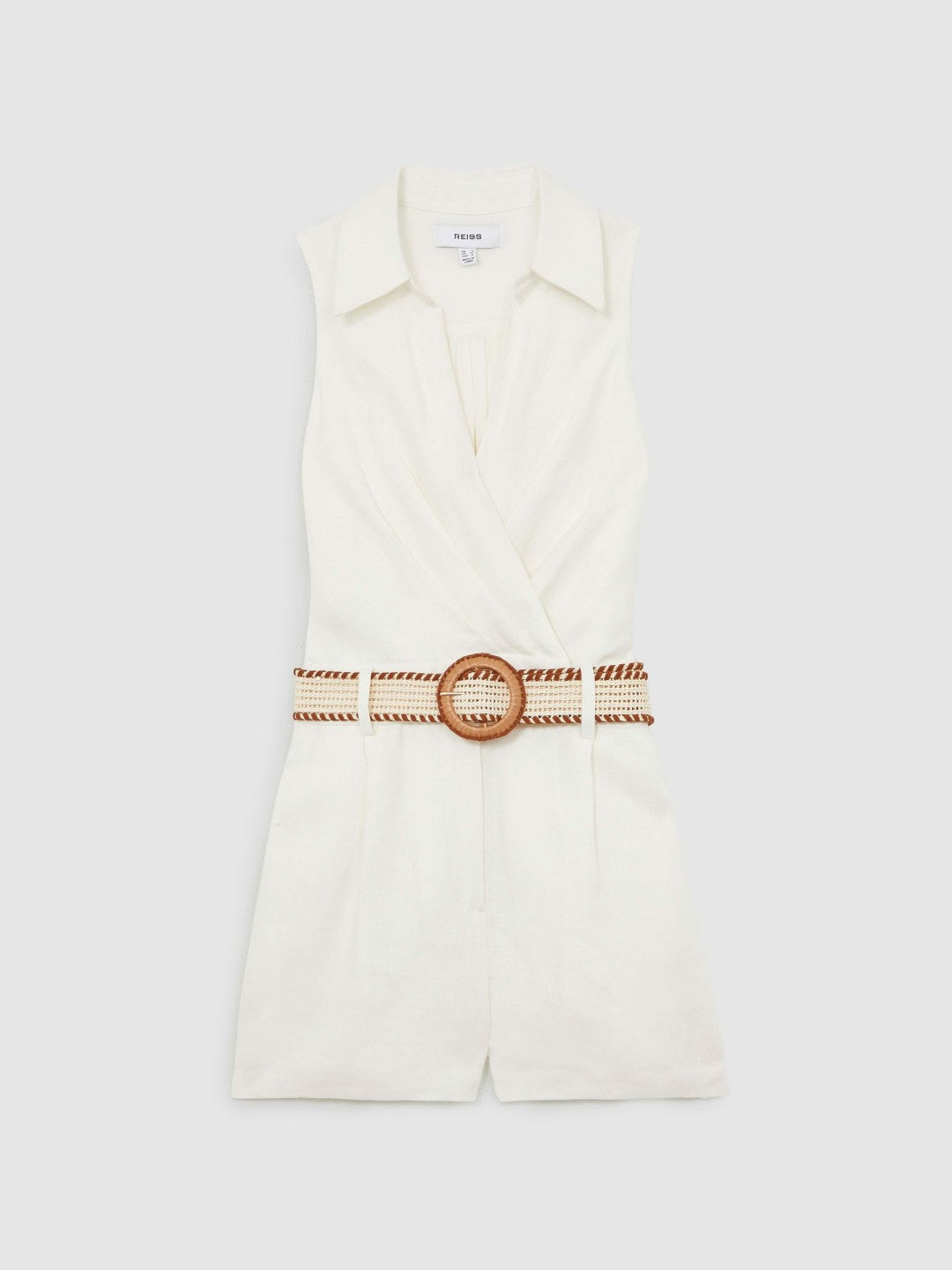 Linen Belted Sleeveless Wrap Playsuit in Cream