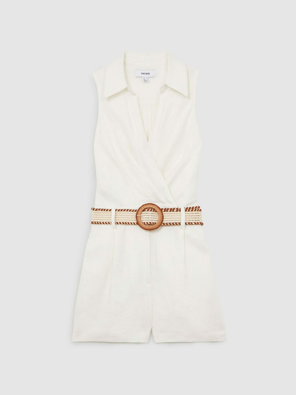Linen Belted Sleeveless Wrap Playsuit in Cream