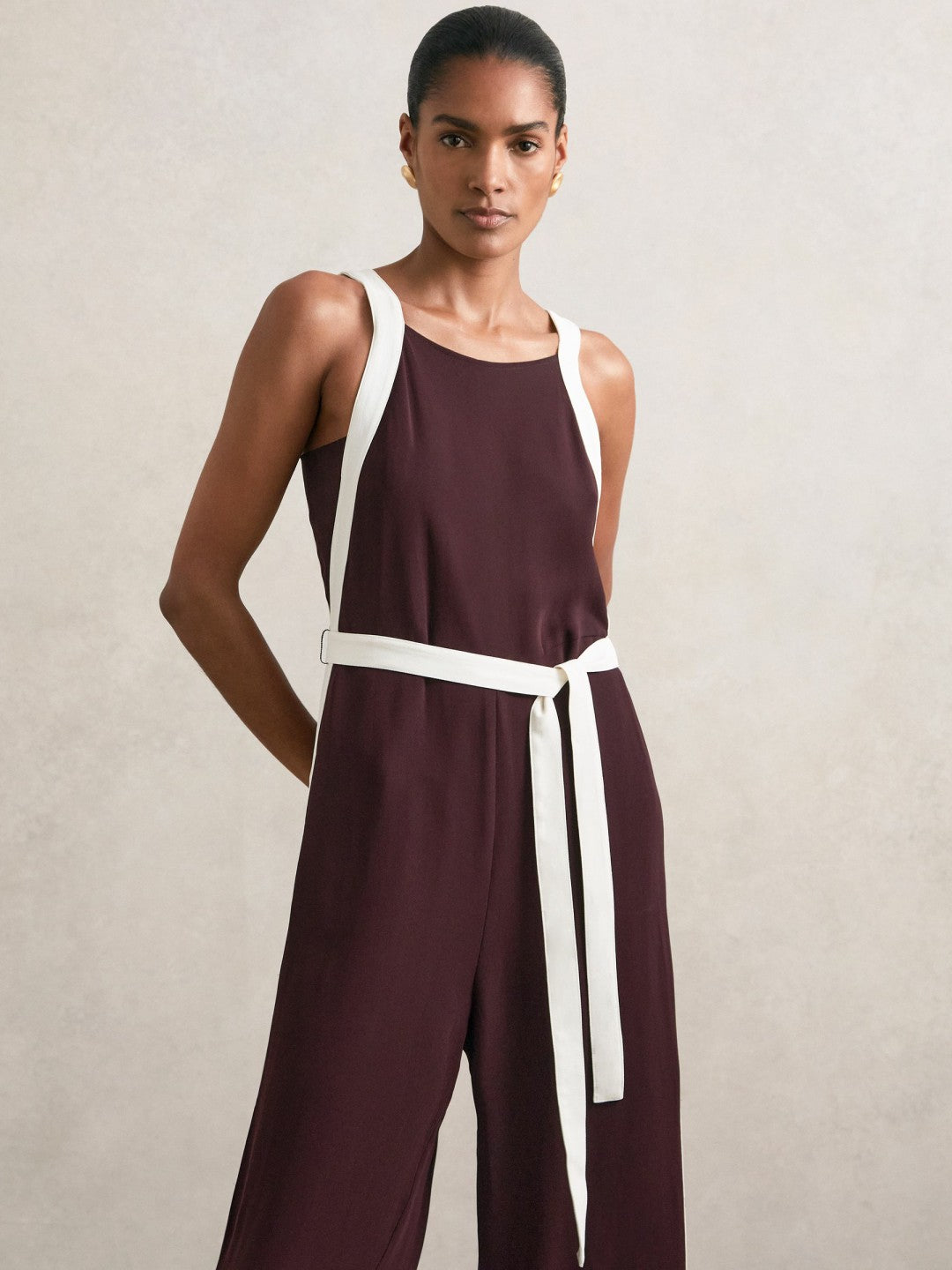 Petite Colourblock Wide Leg Belted Jumpsuit in Burgundy/Cream