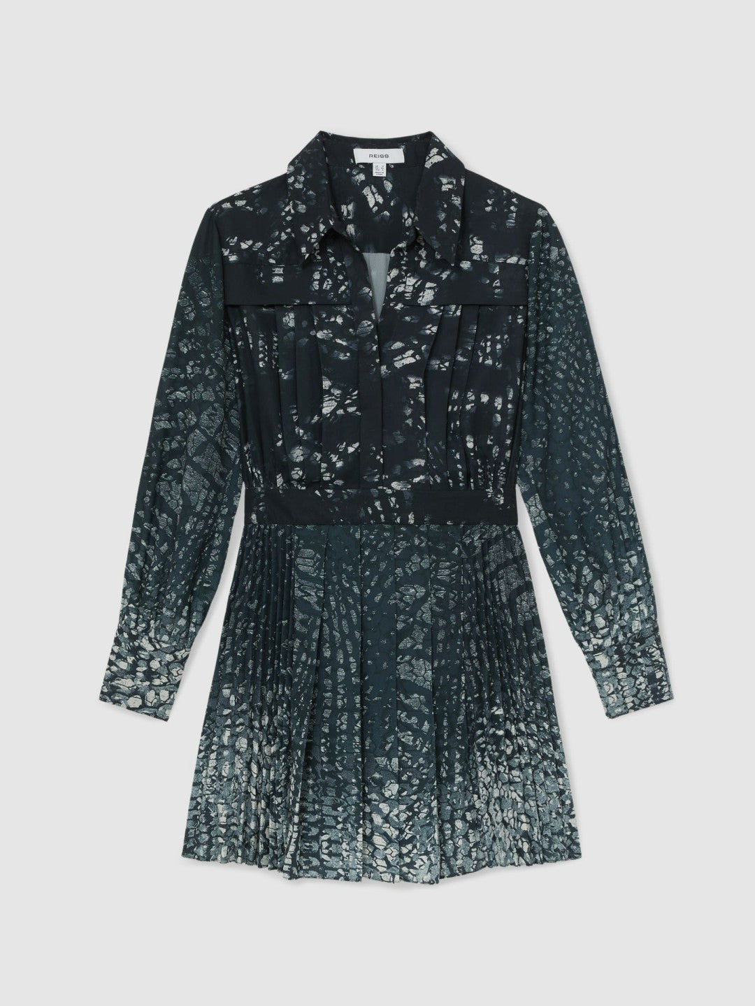 Printed Pleated Shirt Dress in Navy