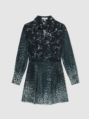 Printed Pleated Shirt Dress in Navy