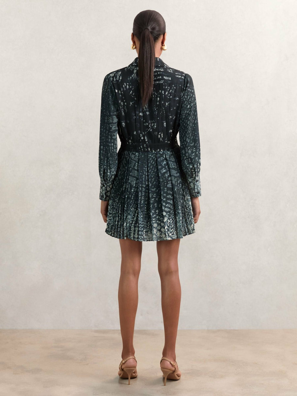 Printed Pleated Shirt Dress in Navy