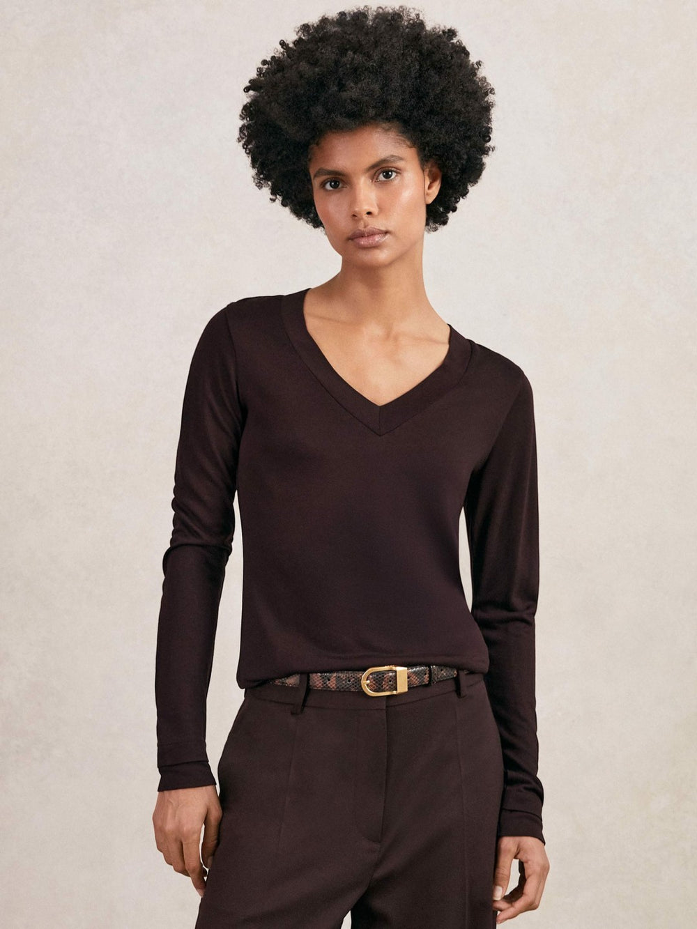 Jersey V-Neck Top in Plum