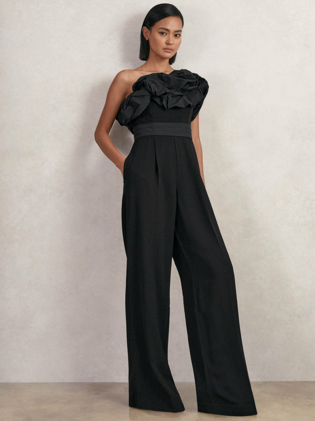 Sculptural Strapless Wide-Leg Jumpsuit in Black