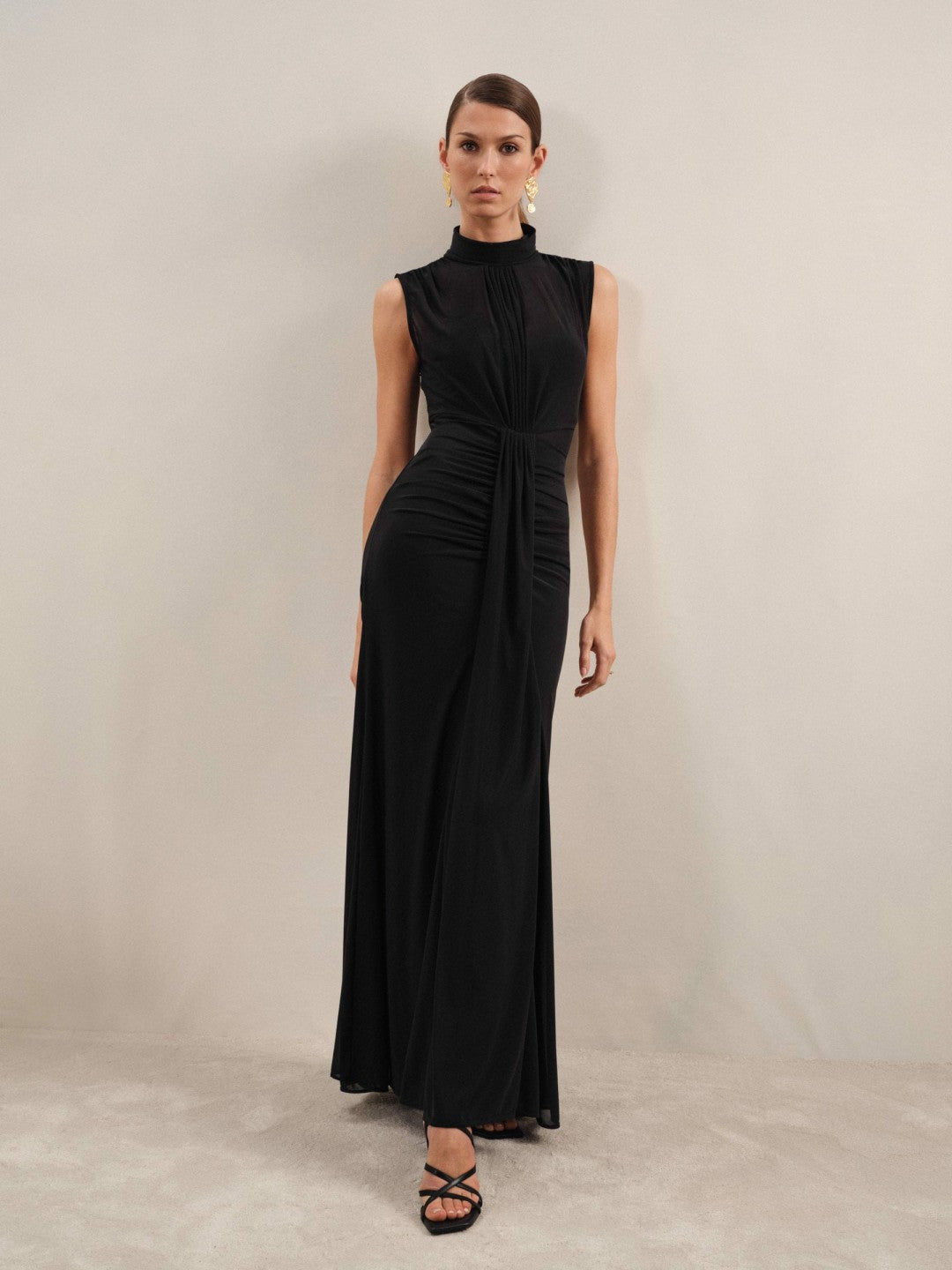 Petite Sheer Ruched Maxi Dress in Black