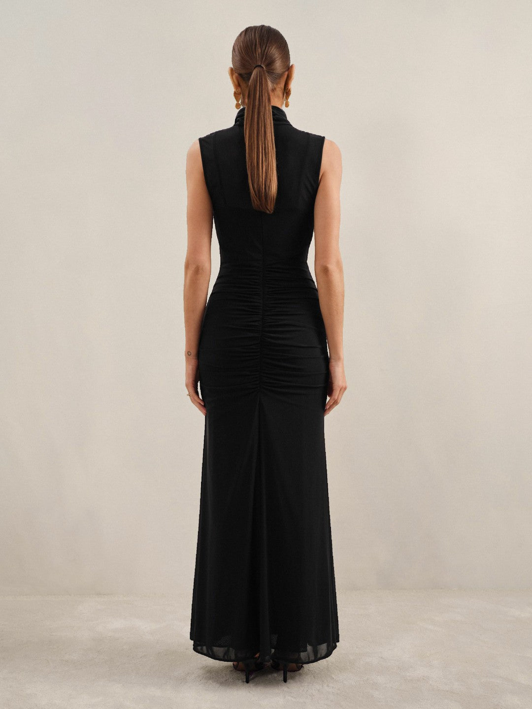 Petite Sheer Ruched Maxi Dress in Black