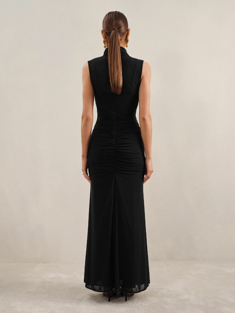 Petite Sheer Ruched Maxi Dress in Black