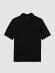 Merino Wool Open Collar Polo Shirt in Black