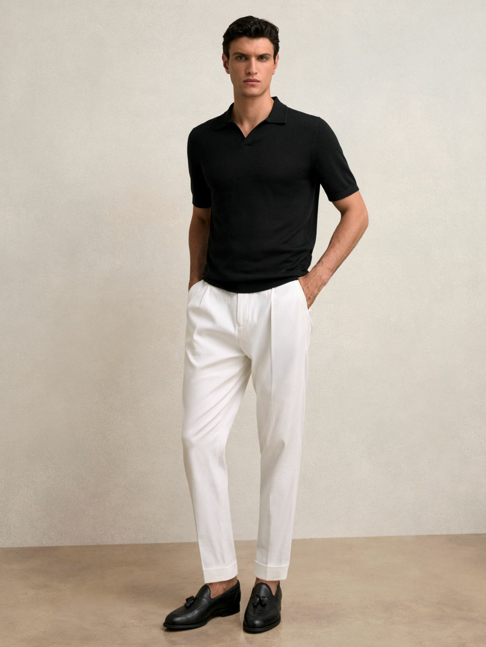 Merino Wool Open Collar Polo Shirt in Black