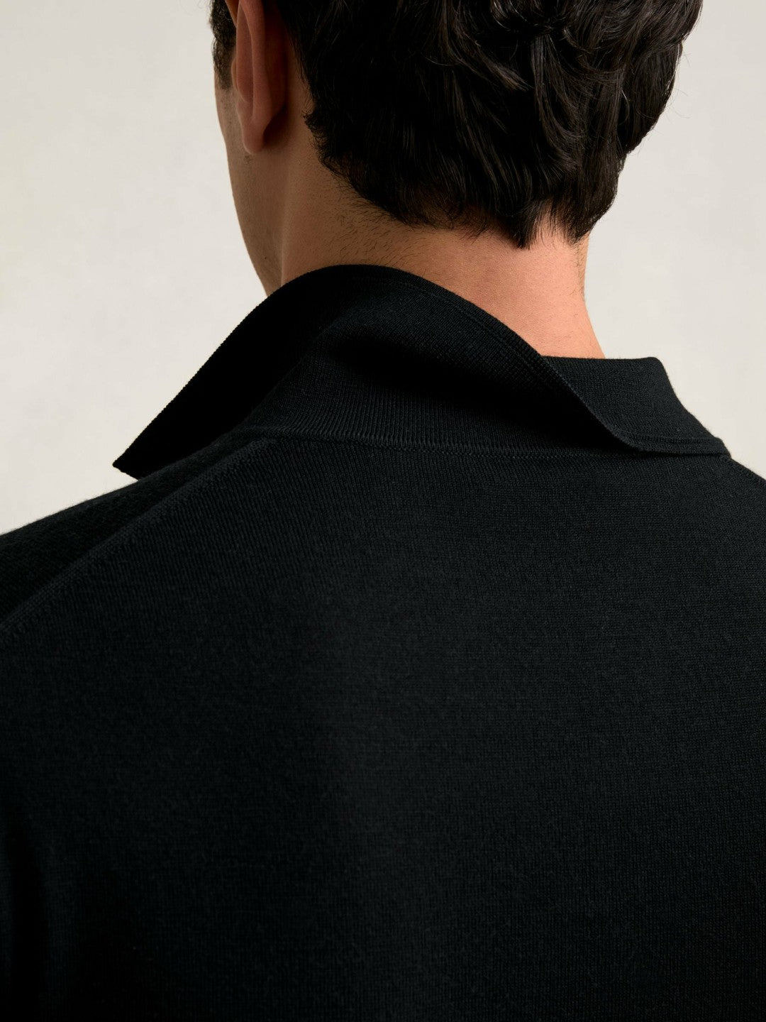 Merino Wool Open Collar Polo Shirt in Black