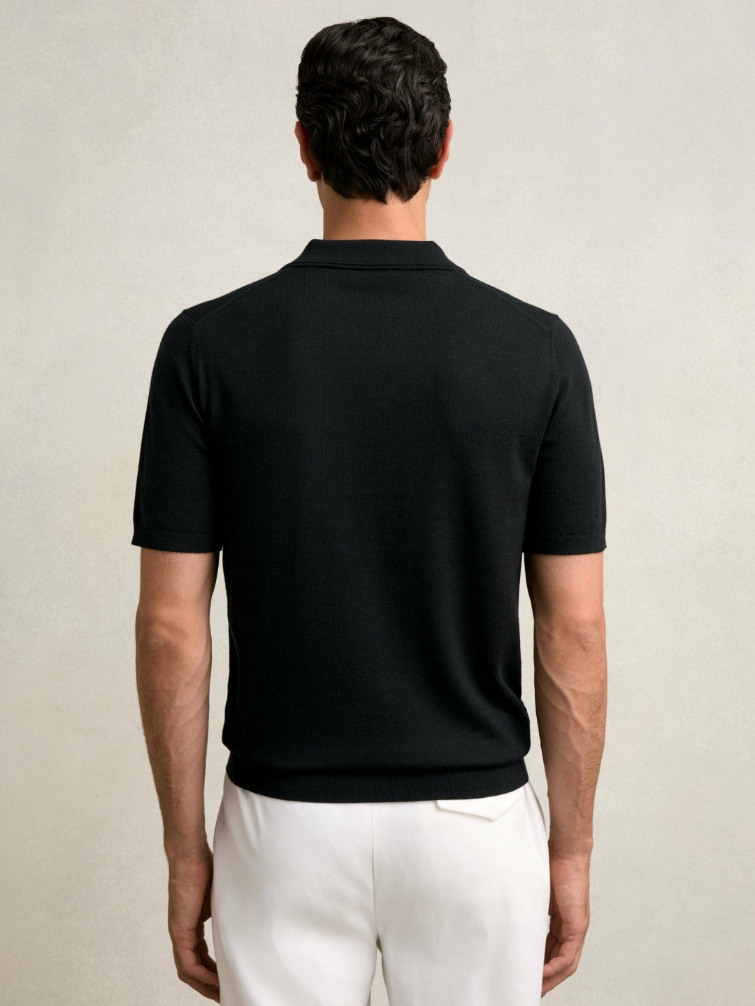Merino Wool Open Collar Polo Shirt in Black