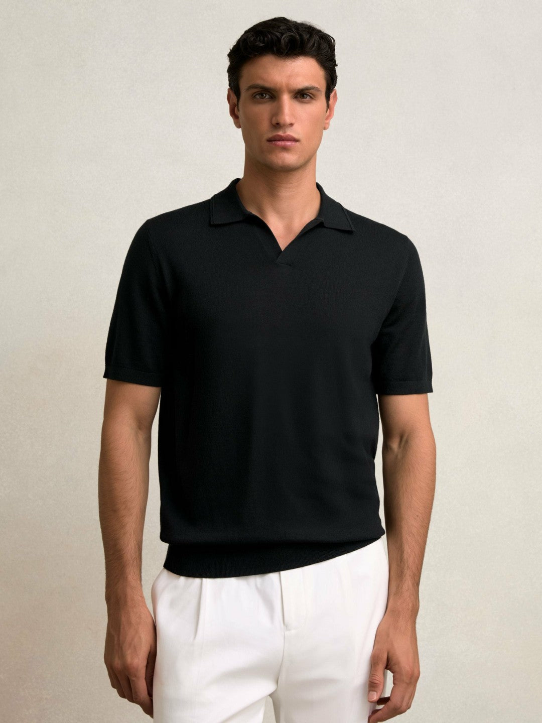 Merino Wool Open Collar Polo Shirt in Black