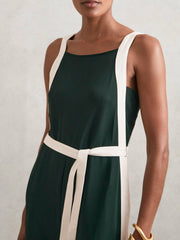 Petite Colourblock Wide Leg Belted Jumpsuit in Dark Green/Cream