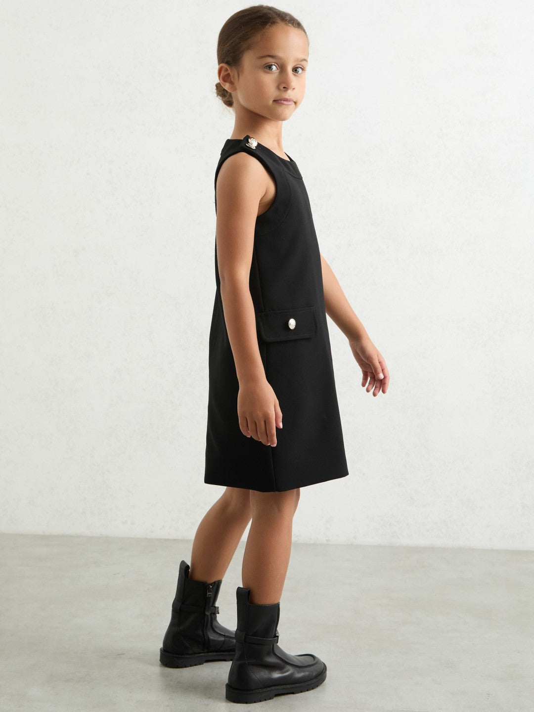 13-14 yrs Button-Detail Sleeveless Shift Dress in Black