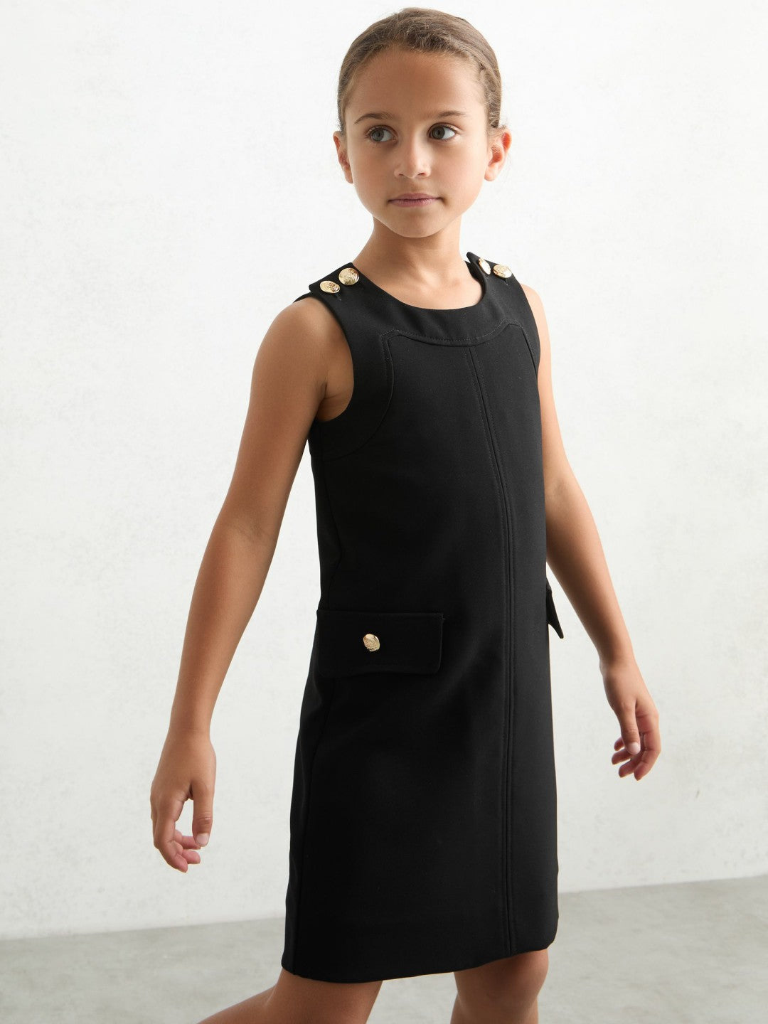 13-14 yrs Button-Detail Sleeveless Shift Dress in Black